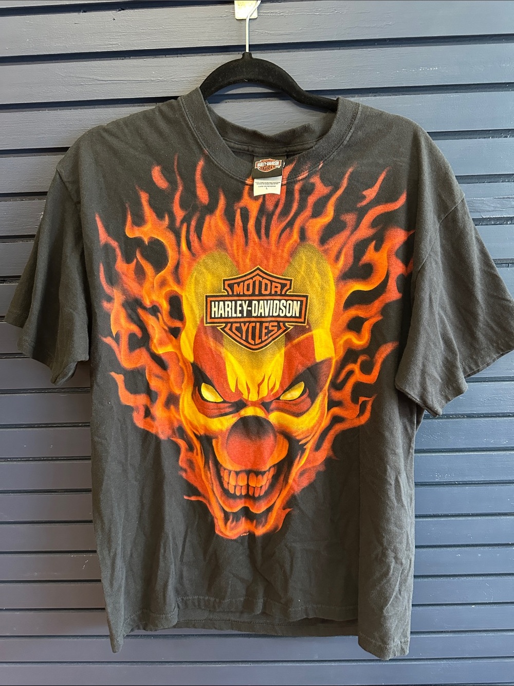 RARE Vintage Harley-Davidson Black T-Shirt with Flaming Clown Skull Graphic